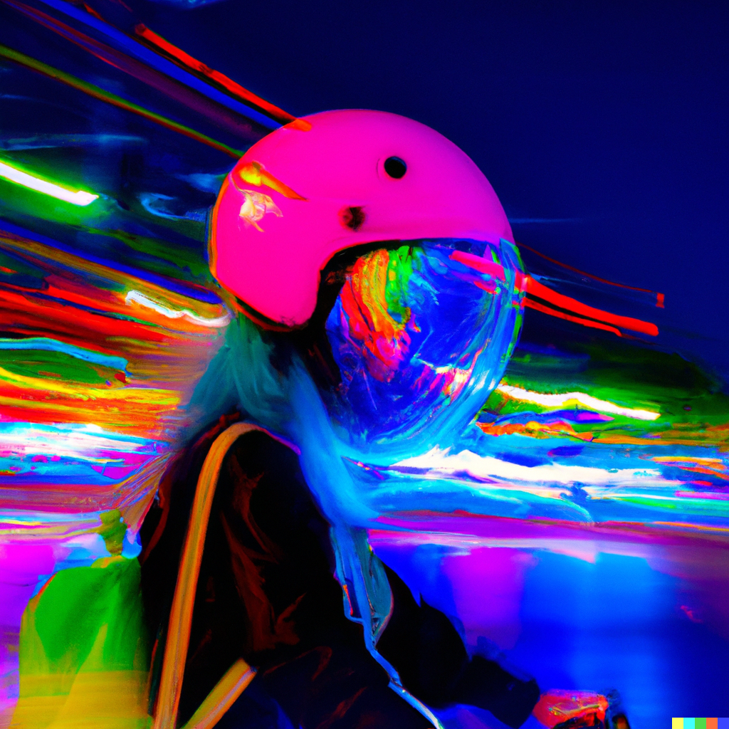 DALL·E 2022-11-15 21.46.17 - A beautiful ethereal woman wearing a helmet and riding a bike through the city that is brimming with beautiful colors, the people around her are recor